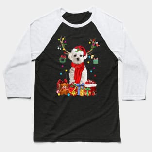 White Maltese Reindeer Santa Christmas Color Lights Baseball T-Shirt